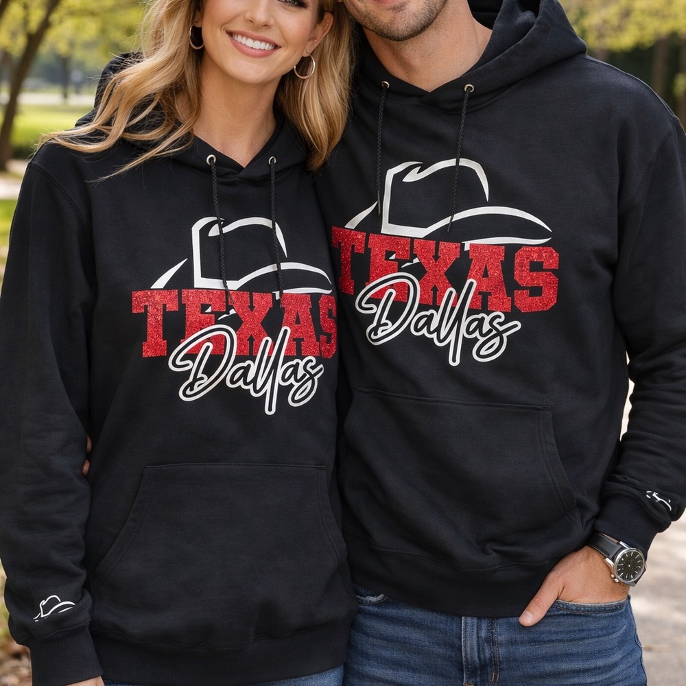 Black 'Texas Dallas' Graphic Hoodie - Red & White Logo